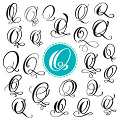 Wall Mural - Set letter Q. Hand drawn vector flourish calligraphy. Script font. Isolated letters written with ink. Handwritten brush style. Hand lettering for logos packaging design poster