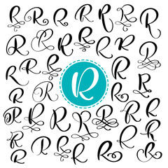 Wall Mural - Set letter R. Hand drawn vector flourish calligraphy. Script font. Isolated letters written with ink. Handwritten brush style. Hand lettering for logos packaging design poster