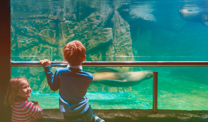Wall Mural - little boy and girl watching fishes in aquarium