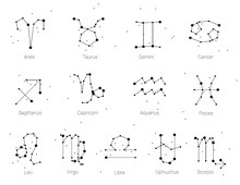 Horoscope, All Zodiac Signs In Constellation Style With Line And Stars On White Background. Collection Of Zodiac Symbols, Thirteen Of White Elements, Stars Constellations Set.