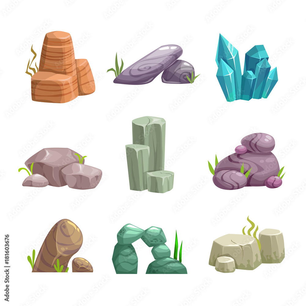 Yellow Rocks Cartoon Cartoon stones and rocks assets set. Stock Vector | Adobe Stock