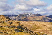 Views Of Helvellyn, Striding & Swirral Edge And Surrounding Mountains Above Glenridding In The Lake District, UK.