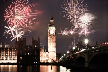 Poster - New Year in the city - Big Ben with fireworks