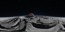 Panorama Of Phobos With The Red Planet Mars In The Background, Environment HDRI Map. Equirectangular Projection, Spherical Panorama. 3d Illustration