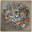 Cartoon cute doodles hand drawn Welcome to New York inscription