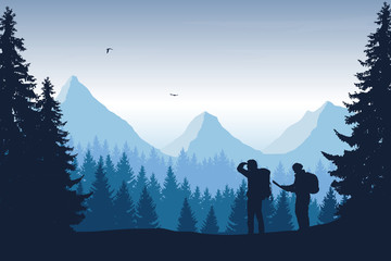 Wall Mural - vector illustration of a mountain landscape with a forest and two tourists, man and woman with backp