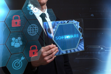 business, technology, internet and network concept. young businessman working on a virtual screen of