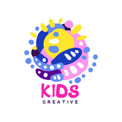 Sticker - Kids creative logo design, colorful hand drawn badges for kids club, center, school, art studio, toys shop and any other childrens projects vector illustration