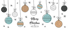 Set Of Hand Drawn Christmas Baubles. Decoration Isolated Elements. Doodles And Sketches Vector Illustration