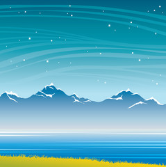 Poster - Mountain, lake, night sky, grass