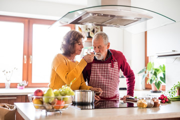 Wall Mural - Senior couple preparing food in the kitchen.