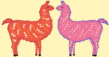 A Pair Of Cute Designer Llama, Alpaca Of Red, Pink, With Fur, Stars And Eyes Closed