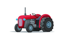 Red Cartoon Tractor Isolated On White Background. Heavy Agricultural Machinery For Field Work