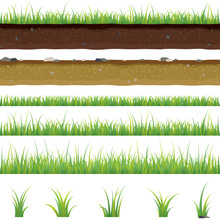 Set Of Seamless Horizontal Pattern With Grass And Soil
