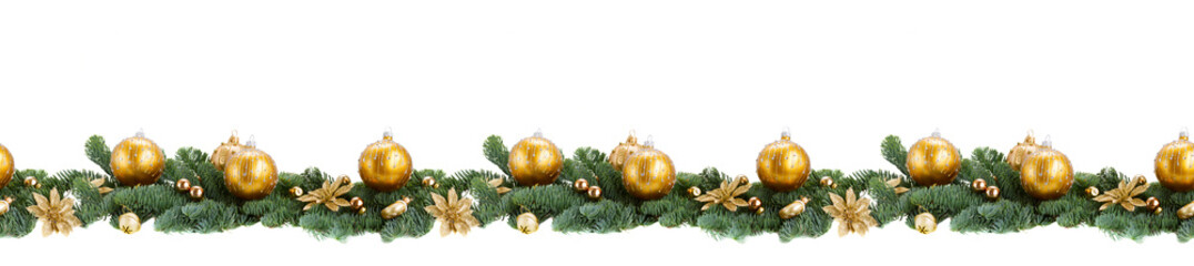 Canvas Print - evergreen fir tree and golden christmas ball over white background seamless border