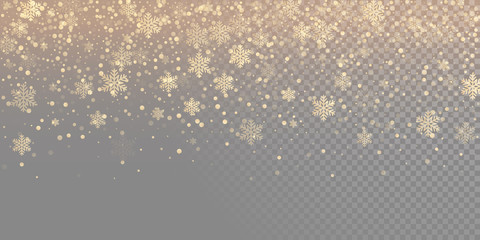 Wall Mural - Falling snow flake golden pattern background. Gold snowfall overlay texture isolated on transparent white background. Winter Xmas snowflake elementsfor Christmas of New Year holiday design template
