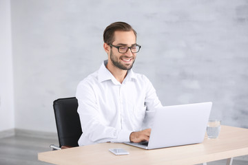 Wall Mural - Attractive man with laptop at home