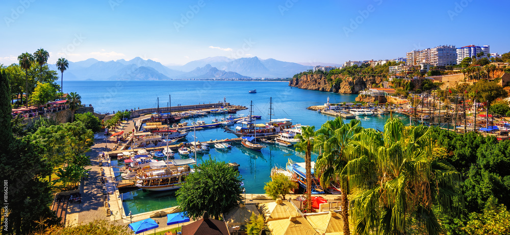 Panorama of the Antalya Old Town port, Turkey - obrazy, fototapety, plakaty 