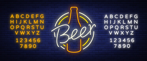 Wall Mural - Original vintage retro design of a neon-style logo for a beer house, bar pub, brewery brewery, tavern stuffing pub restaurant. Night beer advertising, neon glowing bright sign. Editing text neon sign