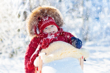 Wall Mural - Sled and snow fun for kids. Baby sledding in winter park.