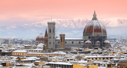 Beautiful winter cityscape of Florence with Cathedral of Santa Maria del Fiore on the background, as seen from Piazzale Michelangelo. Italy.