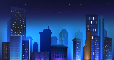 night urban metropolis with high buildings. vector cityscape background