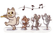 Flautist cat followed by three dancing rats