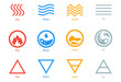 © OnD - Vector illustration of four elements icons, line, triangle and round symbols set. Logo template. Wind, fire, water, earth symbol. Pictograph.