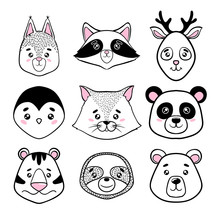 Set Of Cute Animal Faces Black, White. Panda, Sloth, Squirrel, Raccoon, Penguin, Kitty, Tiger Deer, Bear In Scandinavian Style. Design Holiday Greeting Cards, Invitations, Print, T-shirts, Home Decor