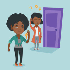 Canvas Print - Young african-american business woman showing key on the background of young woman looking at the door. Concept of making the right decision in business. Vector cartoon illustration. Square layout.