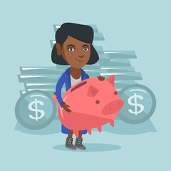 Canvas Print - Young african-american cheerful business woman with a big piggy bank in hands standing on the background of stacks of coins. Money saving concept. Vector cartoon illustration. Square layout.