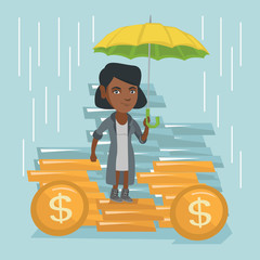 Canvas Print - Young african-american business insurance agent holding umbrella over golden coins. Business insurance and business protection concept. Vector cartoon illustration. Square layout.