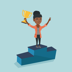 Poster - Young african businesswoman standing on the pedestal with business award. Cheerful business woman celebrating her business award. Business award concept. Vector cartoon illustration. Square layout.