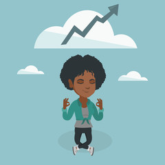 Wall Mural - Young african business woman doing yoga in lotus position and thinking about the growth graph. Peaceful business woman meditating in yoga lotus position. Vector cartoon illustration. Square layout.