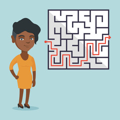 Canvas Print - African-american business woman thinking about business solution. Young business woman looking at labyrinth with solution. Business solution concept. Vector cartoon illustration. Square layout.