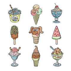 Wall Mural - Vector ice cream dessert sweet food sketch handdrawn illustration set summer icecream vanilla isolated on white creamy cone and glass bowl flavor icons