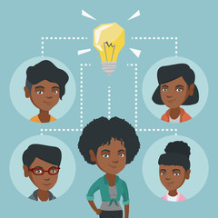 Canvas Print - African-american business women working on business idea. Young business women discussing idea. Group of business women connected by one idea light bulb. Vector cartoon illustration. Square layout.