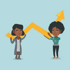 Canvas Print - Two young african-american business women holding growth graph. Business partners with growth graph. Concept of business growth, partnership and teamwork. Vector cartoon illustration. Square layout.