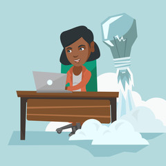 Poster - African manager working on a laptop in office while lightbulb taking off behind her back. Manager having business idea. Successful business idea concept. Vector cartoon illustration. Square layout.