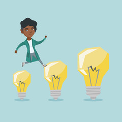 Canvas Print - African-american cheerful business woman jumping on idea light bulbs. Young smiling business woman hopping onto idea light bulbs. Concept of business idea. Vector cartoon illustration. Square layout.