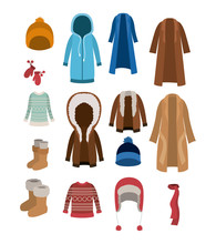 Winter Clothes Set With Coats Sweaters Wool Cap Boots Scarf Jackets And Gloves Over White Background