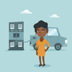 Poster - Young african-american woman charging her electric car at the charging station. Smiling woman standing near power supply for charging of electric car. Vector cartoon illustration. Square layout.