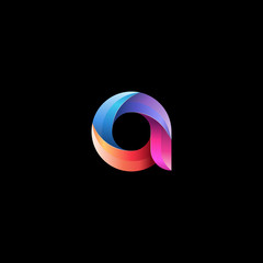 Initial lowercase letter a, curve rounded logo, gradient vibrant colorful glossy colors on black background