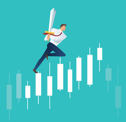 businessman holding sword on candlestick graph , concept of stock exchange vector illustration