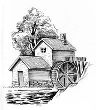 Ink Black And White Illustration Of A Water Mill