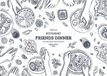 Family Dinner Top View Illustration. Dinner Table Background. Engraved Style Illustration. Hero Image. Vector Illustration