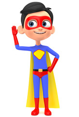 Wall Mural - Boy superhero eavesdrops on a white background. 3d render illustration.