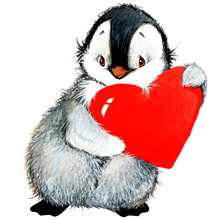 Valentine Day. Cute Penguin And Red Heart . Watercolor Drawing