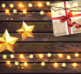 Christmas lights on Wood texture Vector realistic illustration. Holiday Wooden backgrounds