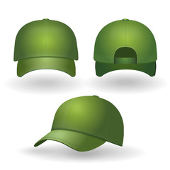 Wall Mural - Green baseball cap realistic set. Front side view isolated Vector